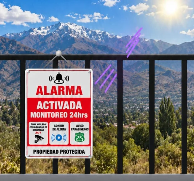 Letrero de alarma en una reja a pleno sol, con la cordillera de fondo