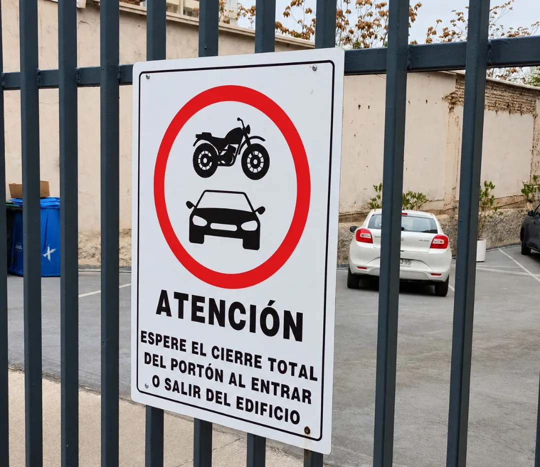 Letrero «Atención: espere el cierre total del portón» en una reja